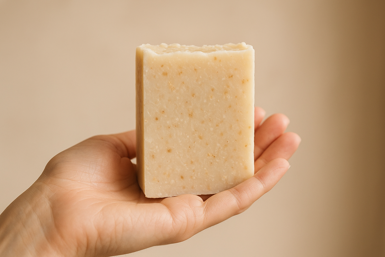 a hand holding a cream coloured natural soap bar 
