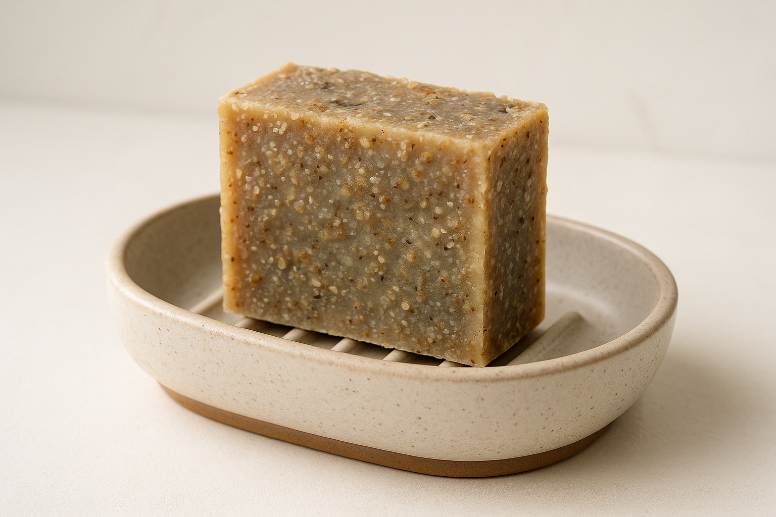 a natural exfoliating soap sitting in a soap dish