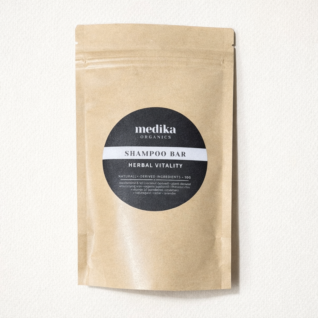 Kraft paper packaging of Medika Organics shampoo bar on a white background