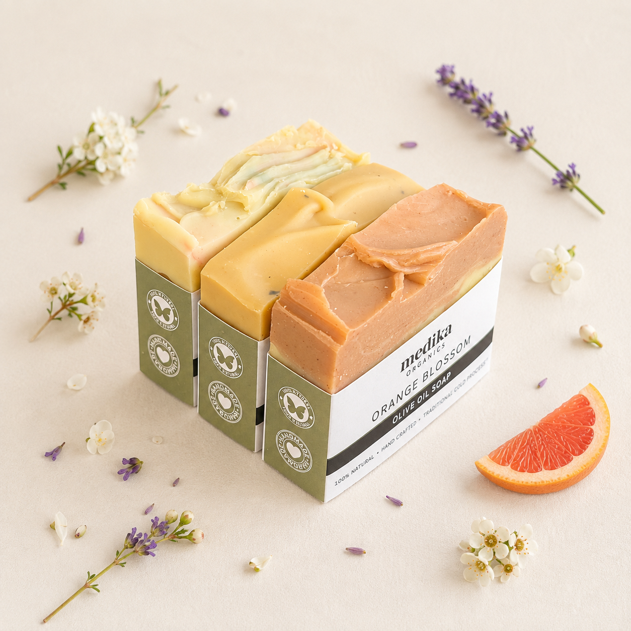 Three artisanal bars of Medlika Handmade soap in 'Orange Blossom' and 'Blossom' scents, displayed in their packaging with decorative flowers, lavender, and a grapefruit slice on a light beige background.