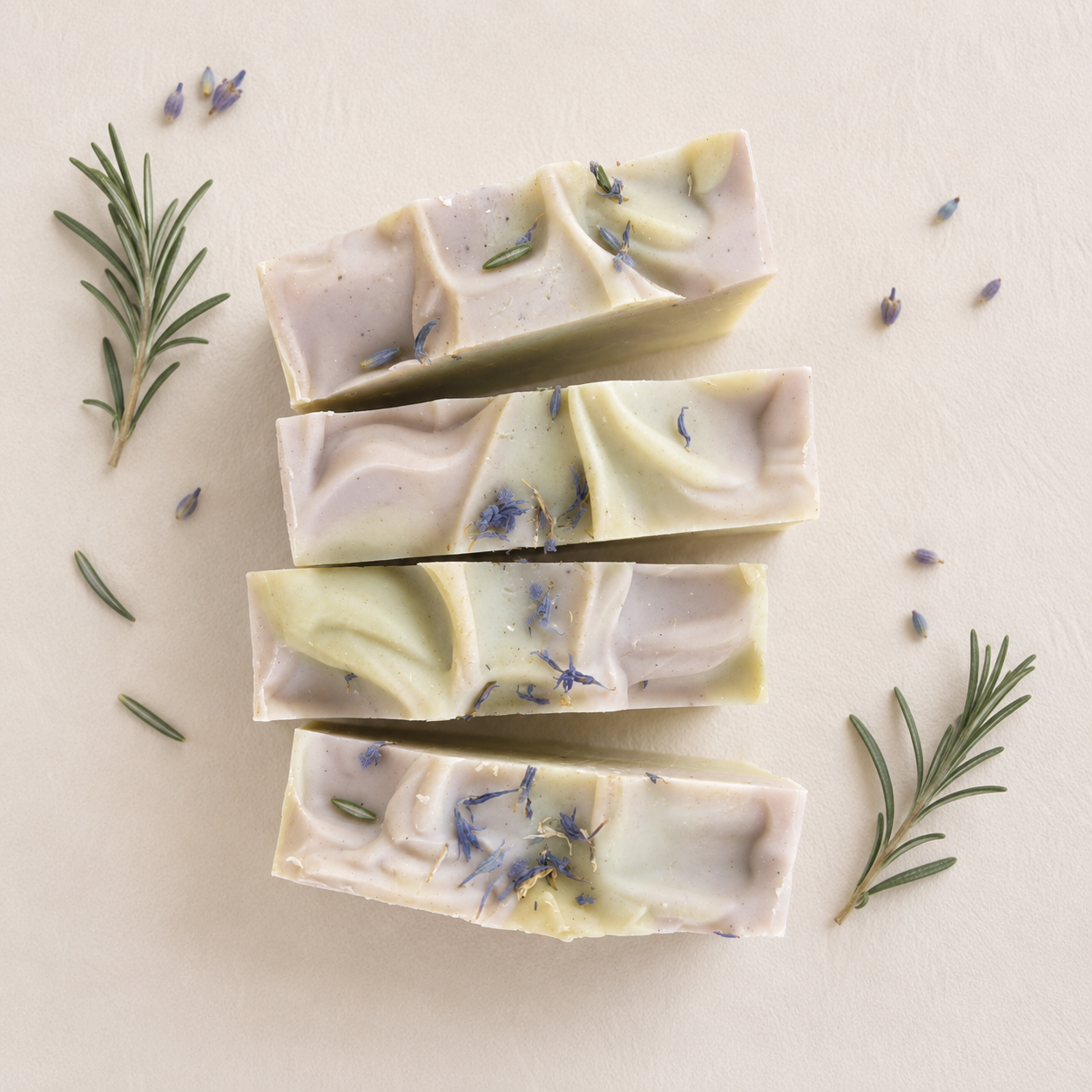 Four rectangular bars of handmade soap stacked vertically on a light beige surface, decorated with rosemary sprigs and small lavender buds. The soap has a swirled texture in pale lavender and cream with visible purple botanical inclusions.