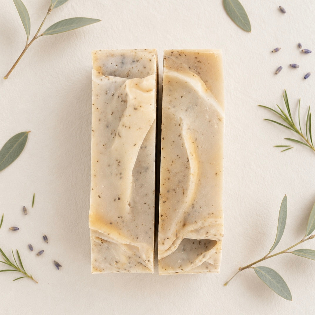 Two freshly cut handmade tea tree and eucalyptus soap bars showing their natural texture and creamy finish. Australian cold process soap crafted in small batches.
