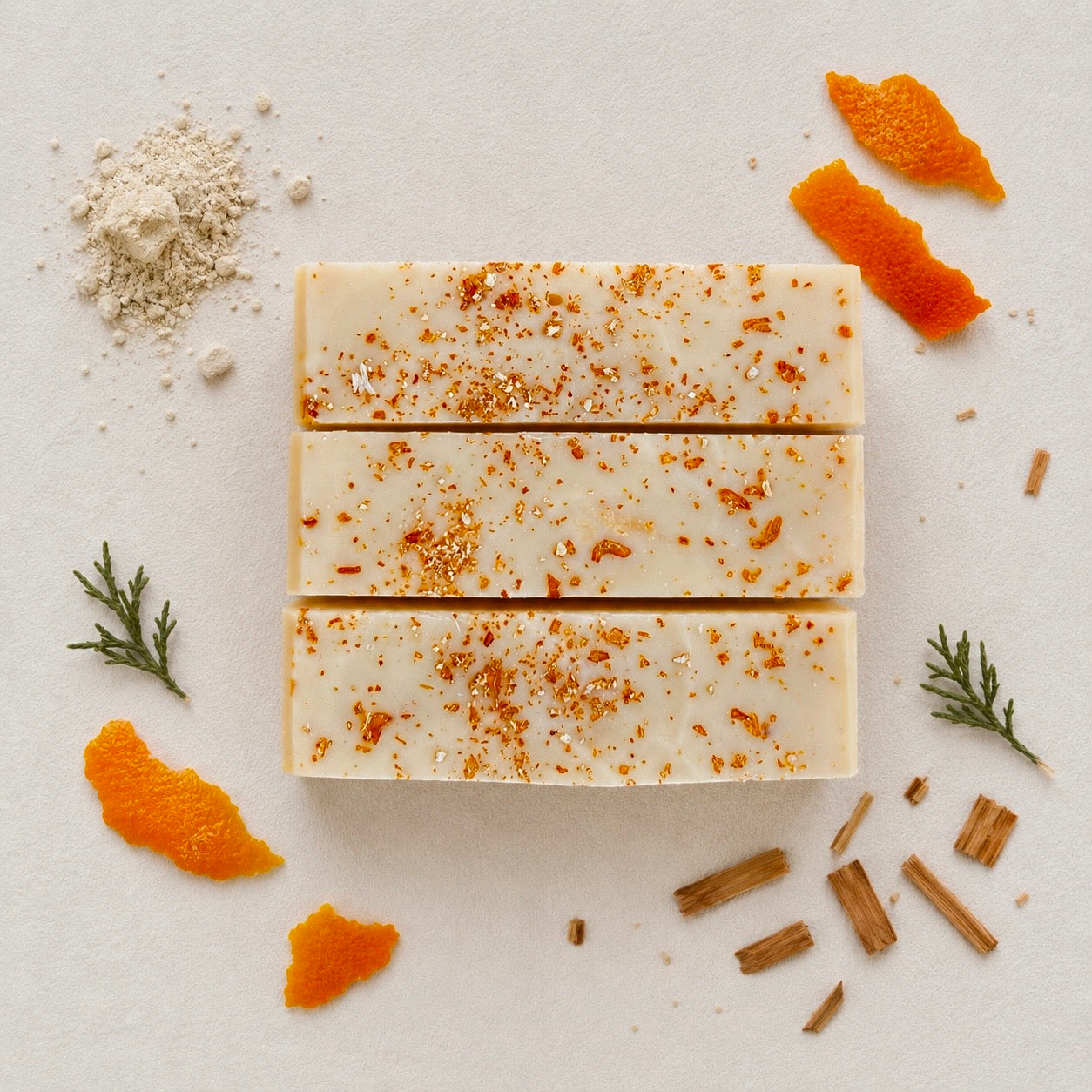 Three rectangular bars of handmade soap with a creamy off-white base and orange zest, arranged vertically on a light textured background with orange peel, cinnamon sticks, rosemary, and a powder ingredient as styled props.
