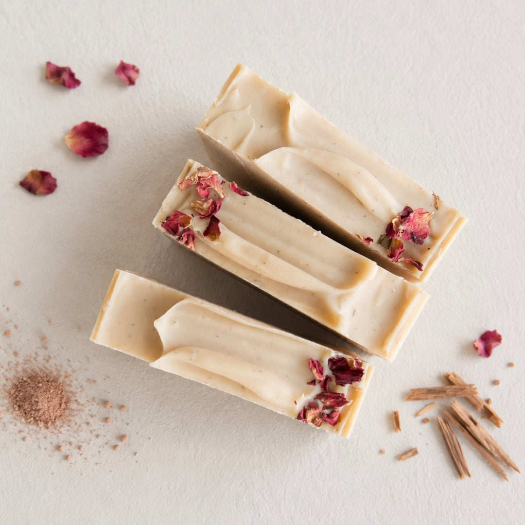 Pink clay rose soap bar with gentle cleansing minerals.