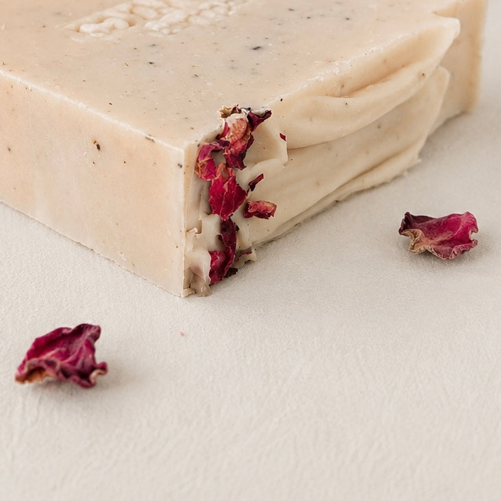 Handmade soap scented with rose geranium and cedarwood essential oils.