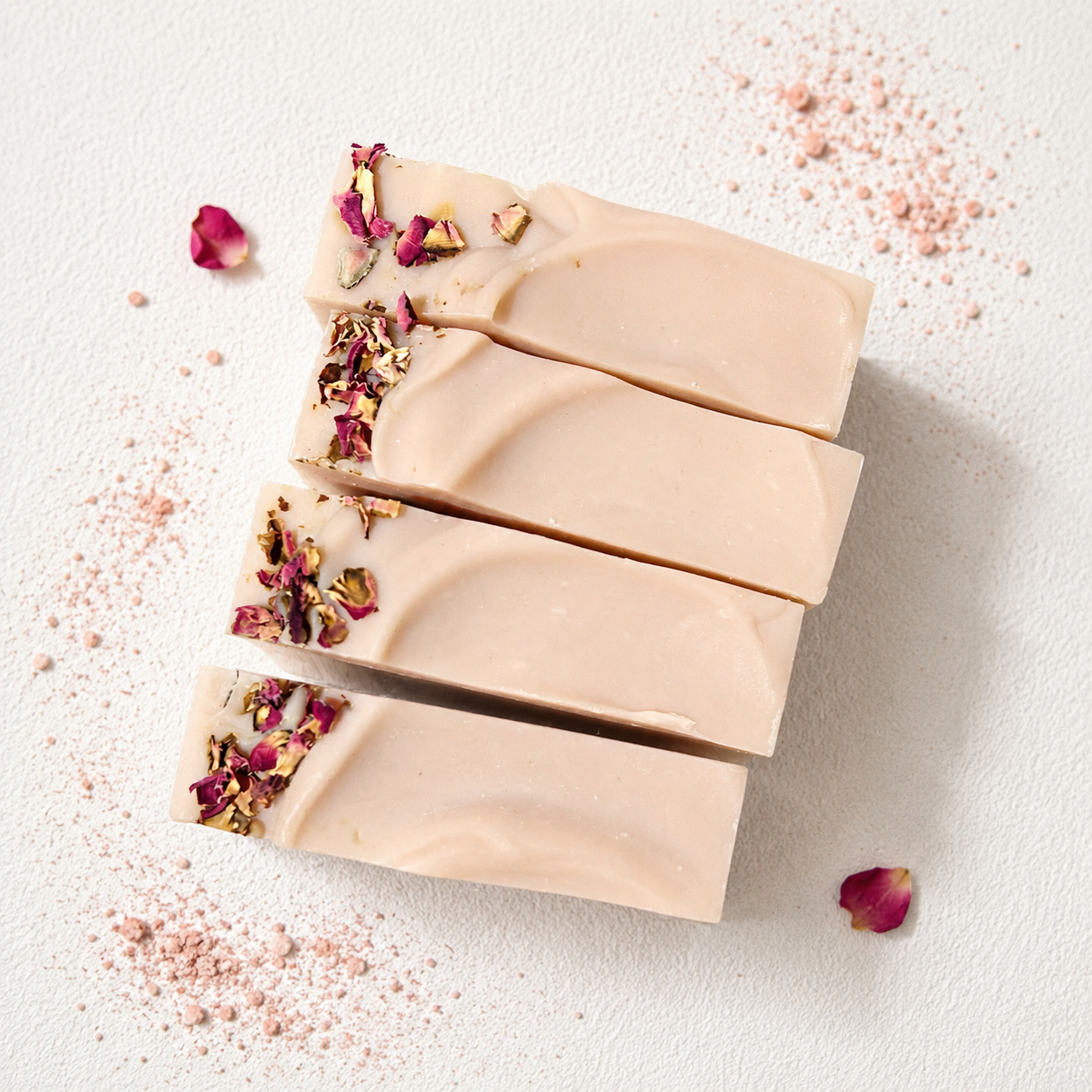 Rose Geranium natural soap bar with dried rose petals, pink clay and coconut milk.