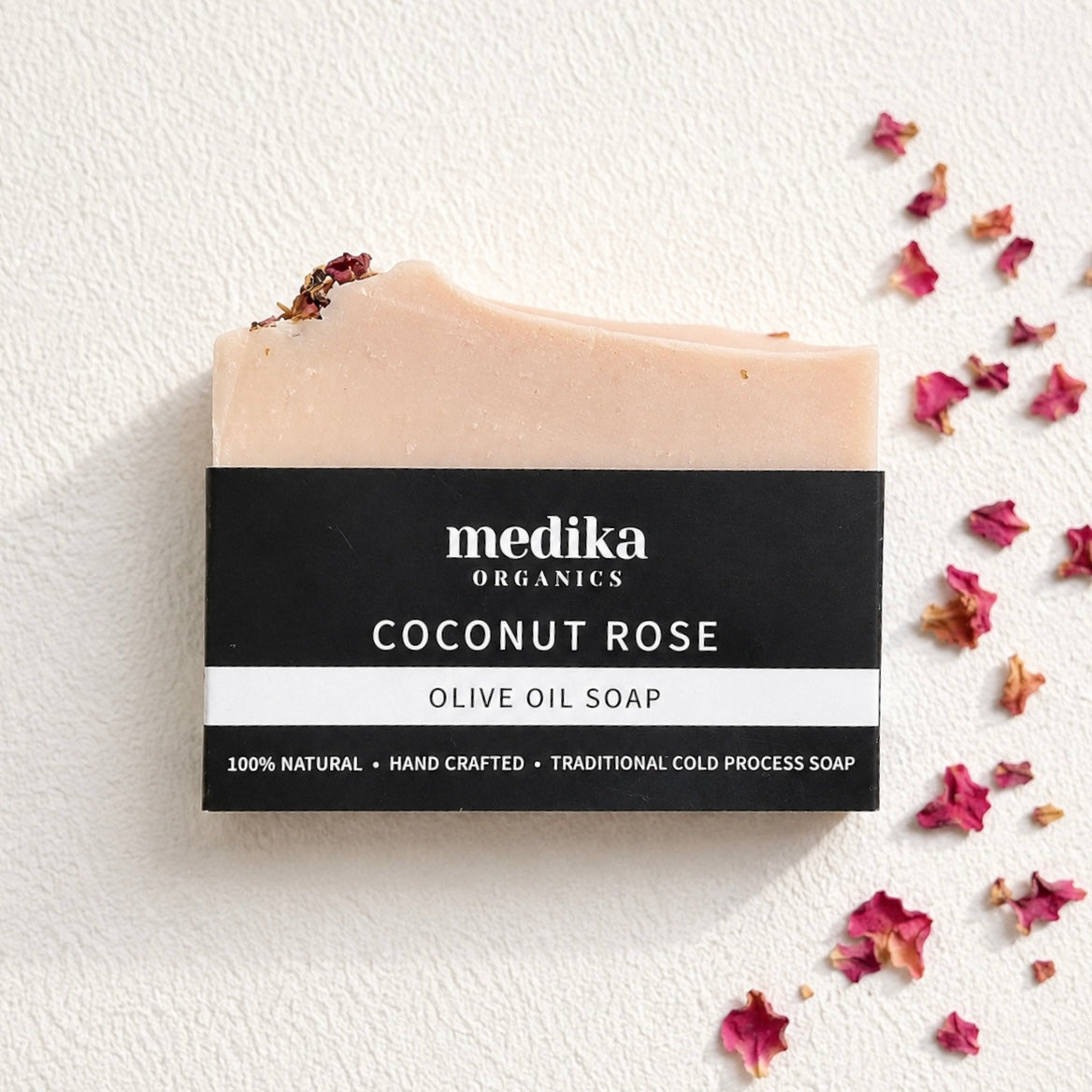 Rose Geranium soap bar topped with dried rose petals 