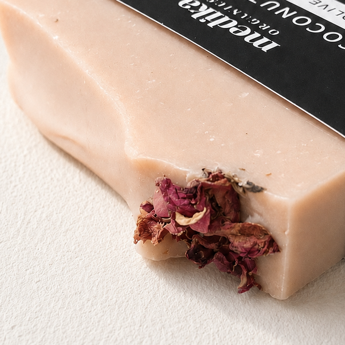 Handmade Rose Geranium soap bar topped with dried rose petals.
