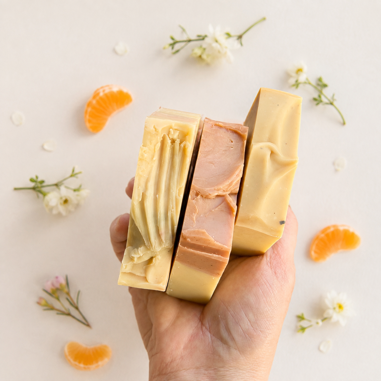 Three handmade soap bars held in a hand against a light beige background, decorated with orange slices and small white flowers.