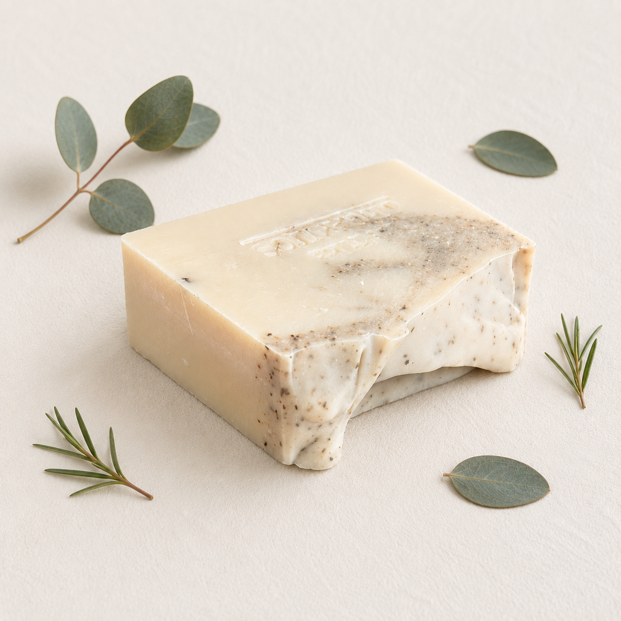 Handmade tea tree and eucalyptus soap surrounded by natural botanicals. Australian all natural cold process soap.